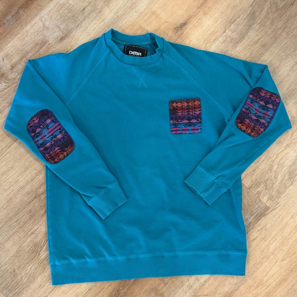 90s Retro VIBE Teal Deter Clothing Sweatshirt w/ Aztec Trim size unisex XL